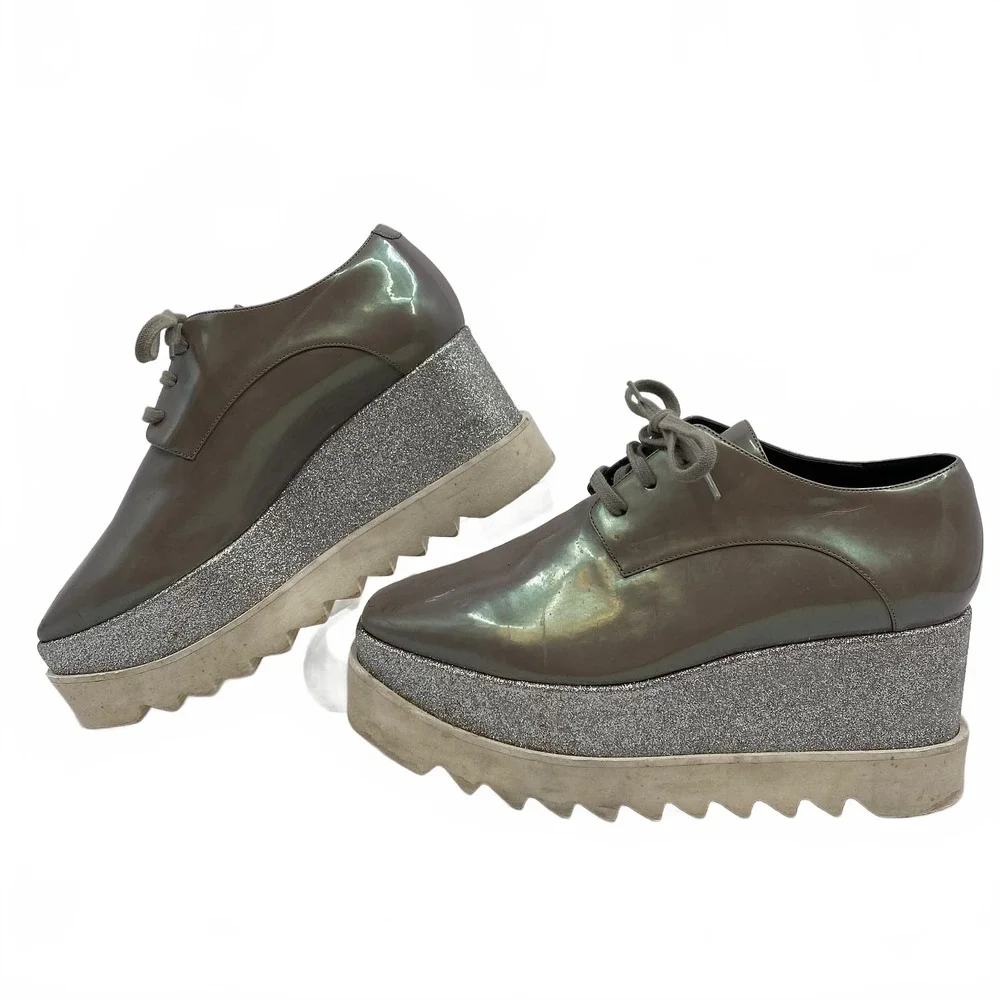 Stella McCartney Gray Silver Glitter Platform Lace-Up Shoes | 38EU Regular